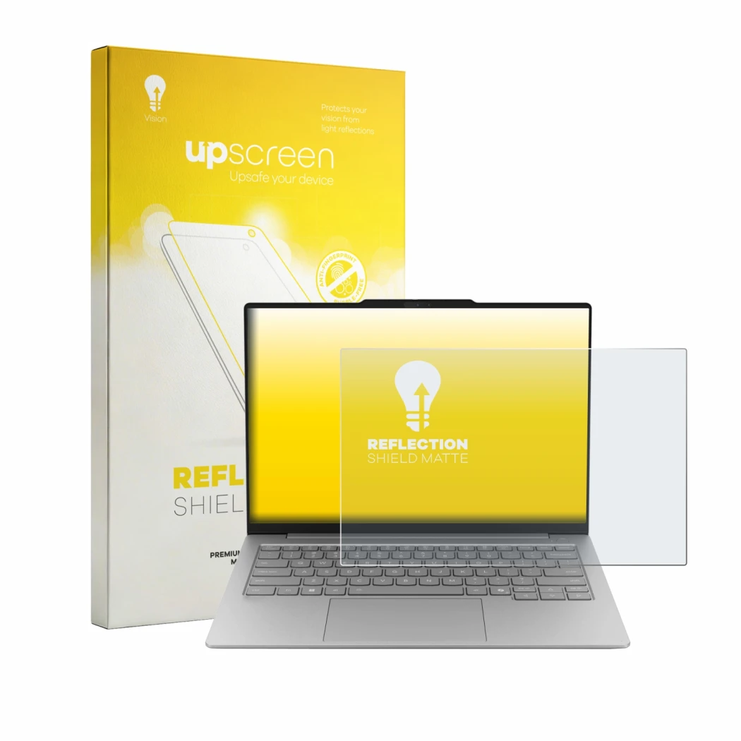 Parte frontal de un envase de producto con el logotipo de la marca upscreen. Al lado se muestra el dispositivo Lenovo ThinkBoo