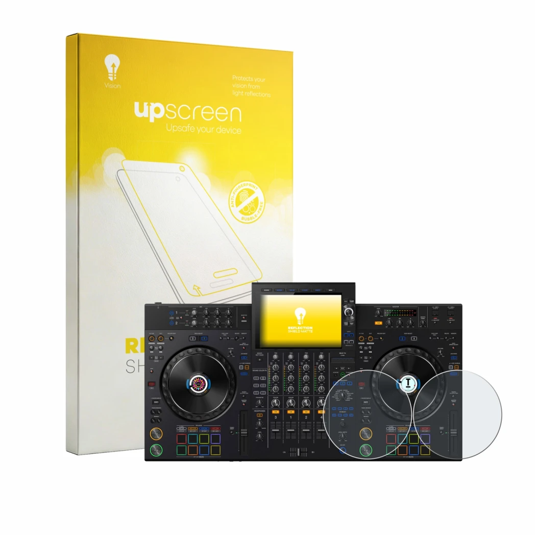 Parte frontal de un envase de producto con el logotipo de la marca upscreen. Al lado se muestra el dispositivo AlphaTheta XDJ-