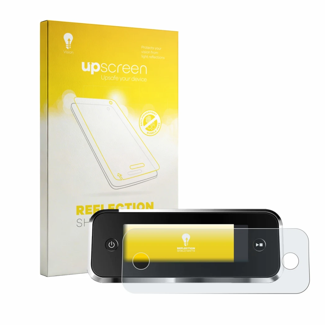 Parte frontal de un envase de producto con el logotipo de la marca upscreen. Al lado se muestra el dispositivo Philips Series