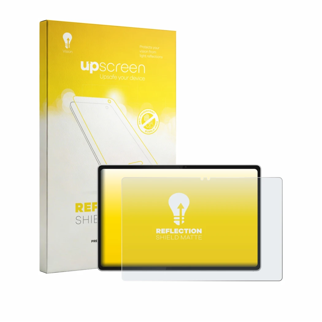 Parte frontal de un envase de producto con el logotipo de la marca upscreen. Al lado se muestra el dispositivo Lenovo Tab Plus