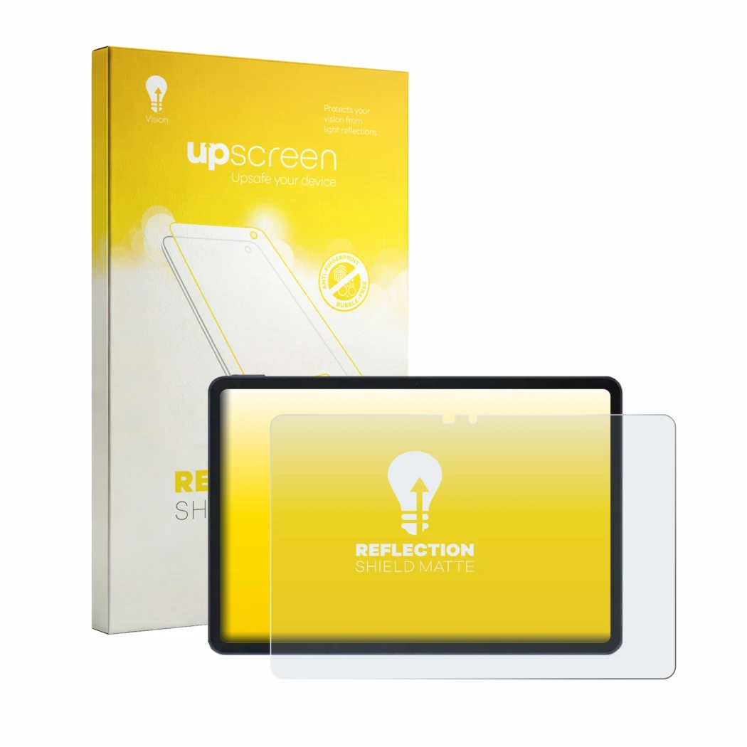 Parte frontal de un envase de producto con el logotipo de la marca upscreen. Al lado se muestra el dispositivo Infinix XPAD 30