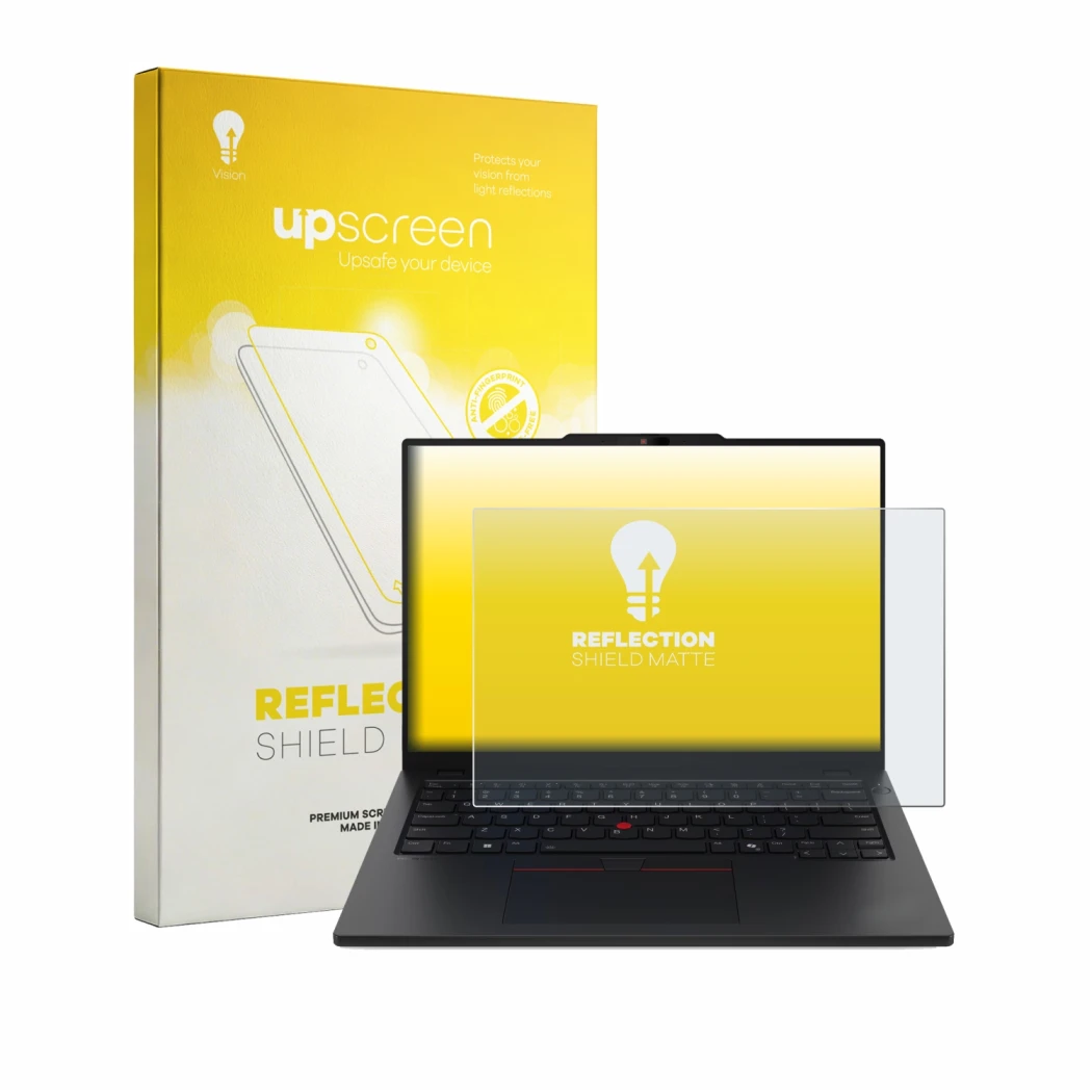Parte frontal de un envase de producto con el logotipo de la marca upscreen. Al lado se muestra el dispositivo Lenovo ThinkPad