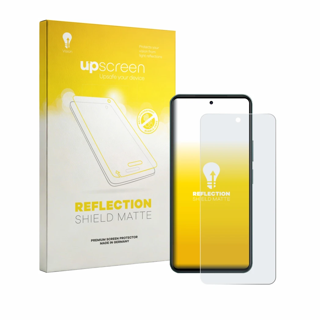 Parte frontal de un envase de producto con el logotipo de la marca upscreen. Al lado se muestra el dispositivo Vivo Y21d con s