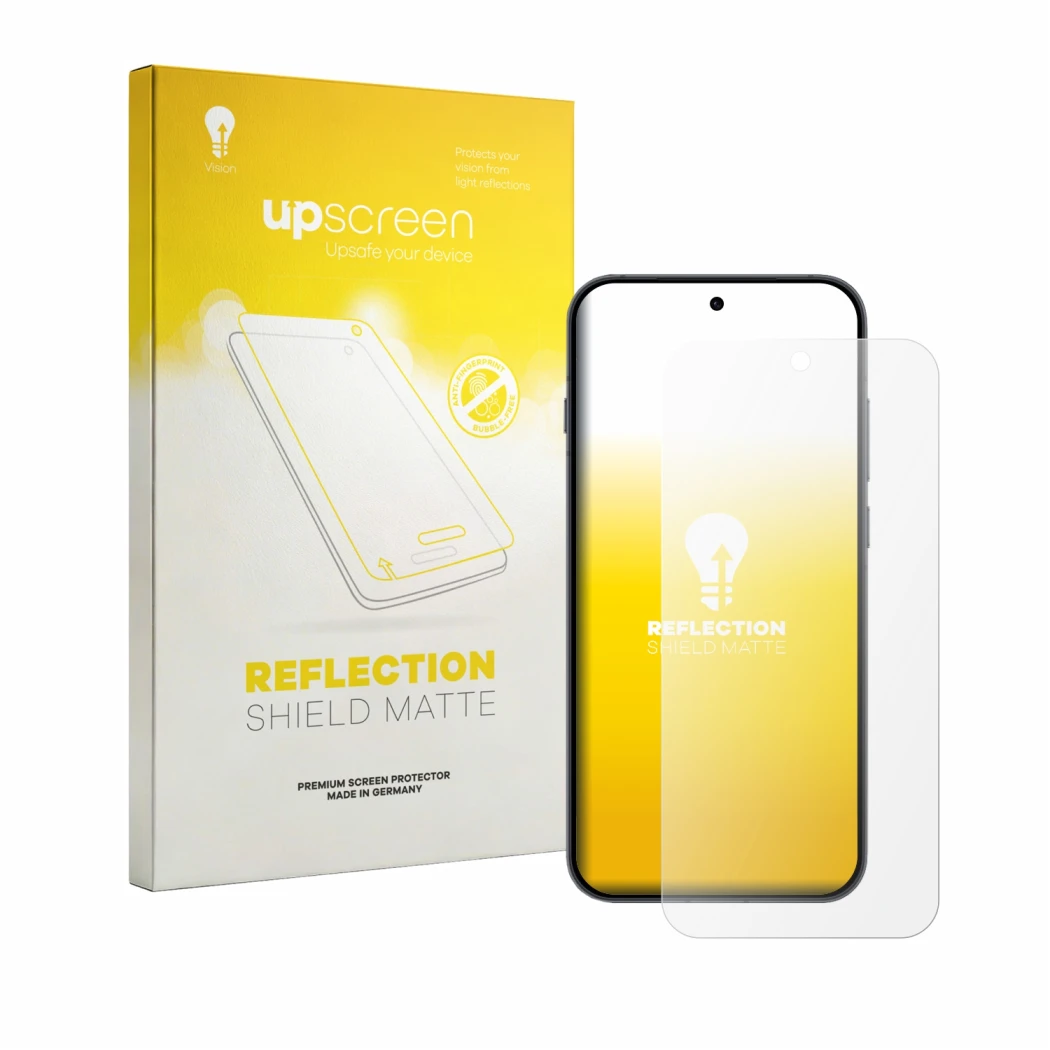 Parte frontal de un envase de producto con el logotipo de la marca upscreen. Al lado se muestra el dispositivo Oppo Reno 16 FS