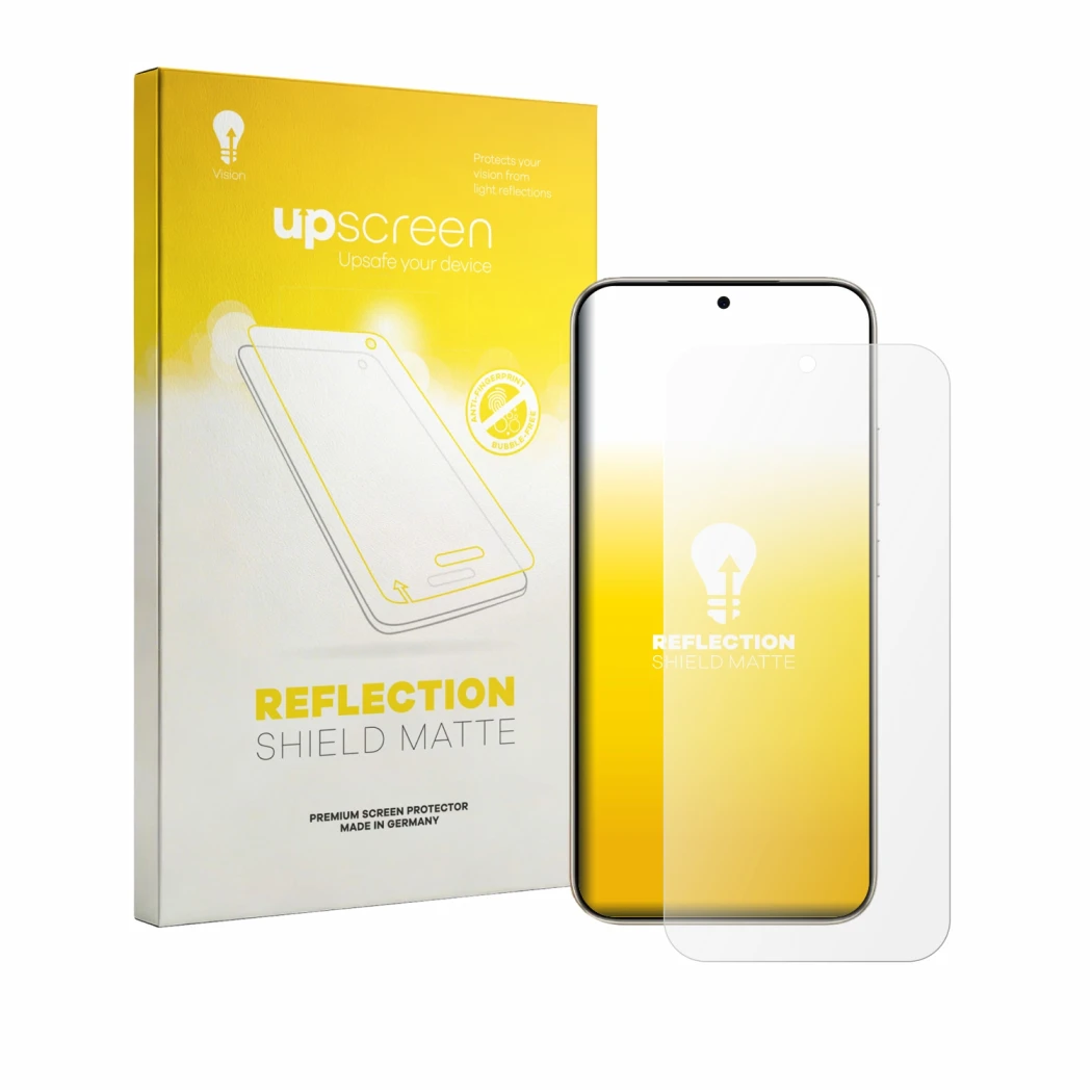 Parte frontal de un envase de producto con el logotipo de la marca upscreen. Al lado se muestra el dispositivo Honor X80 Pro M