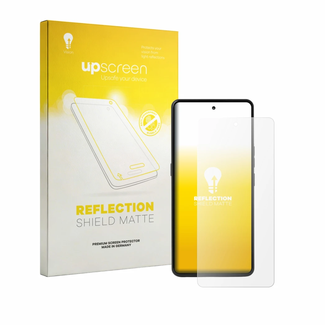 Parte frontal de un envase de producto con el logotipo de la marca upscreen. Al lado se muestra el dispositivo Punkt MC03 con 
