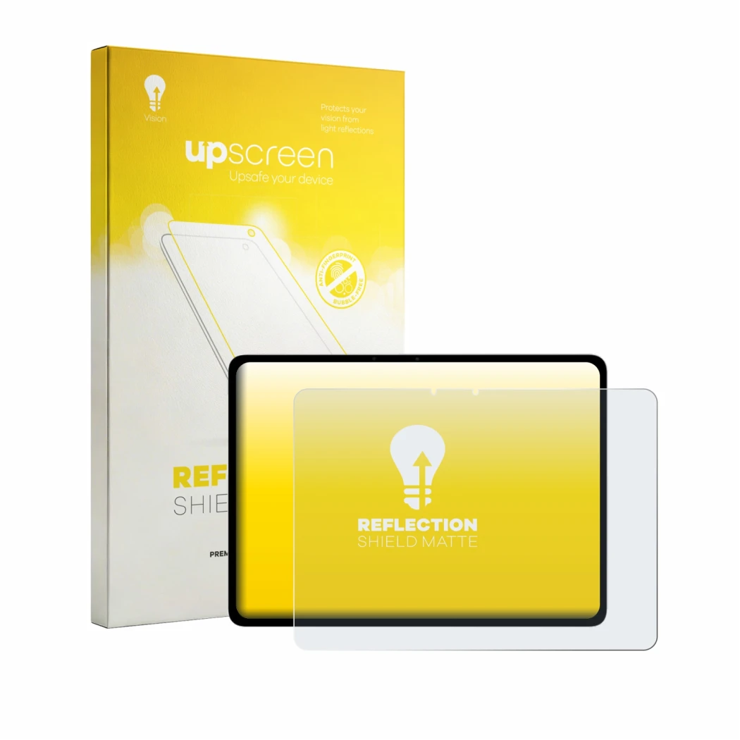 Parte frontal de un envase de producto con el logotipo de la marca upscreen. Al lado se muestra el dispositivo Vivo iQOO Pad 5