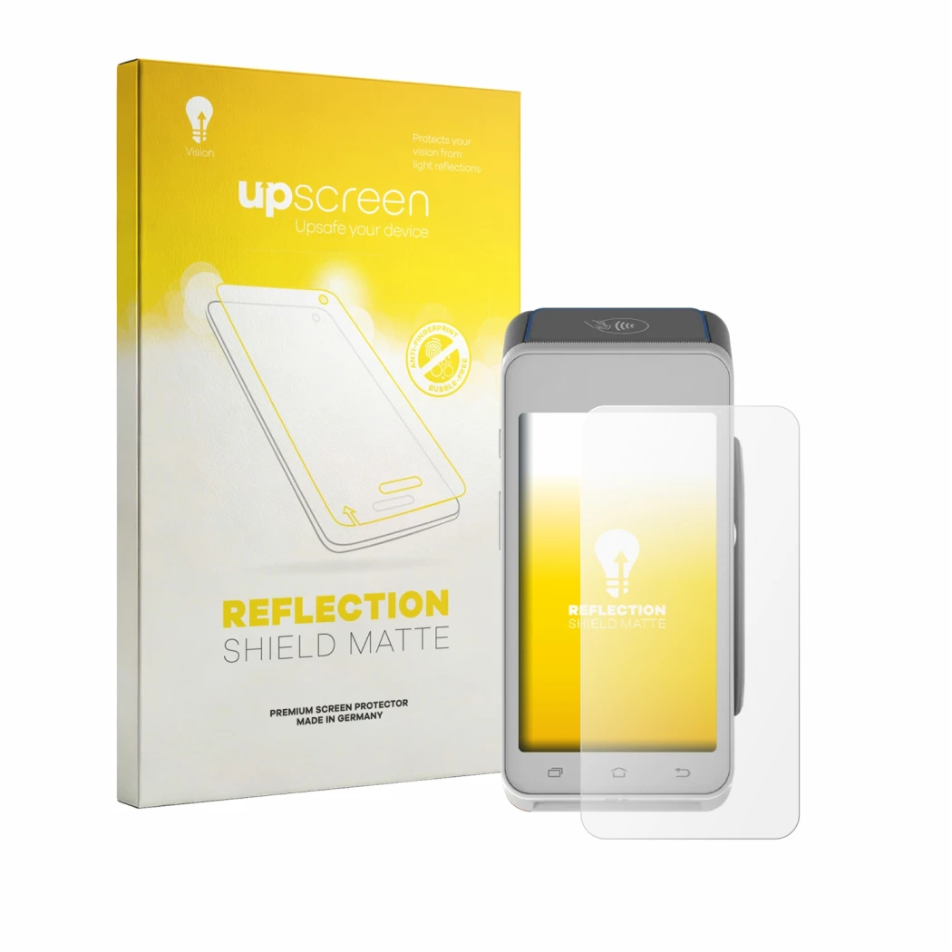 Parte frontal de un envase de producto con el logotipo de la marca upscreen. Al lado se muestra el dispositivo Pax A910S con s