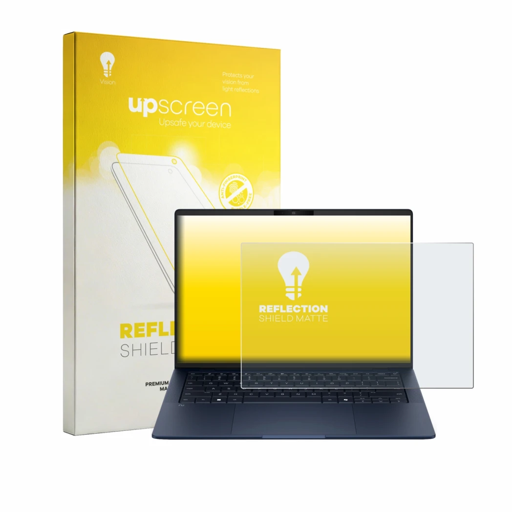 Parte frontal de un envase de producto con el logotipo de la marca upscreen. Al lado se muestra el dispositivo HP EliteBook X 