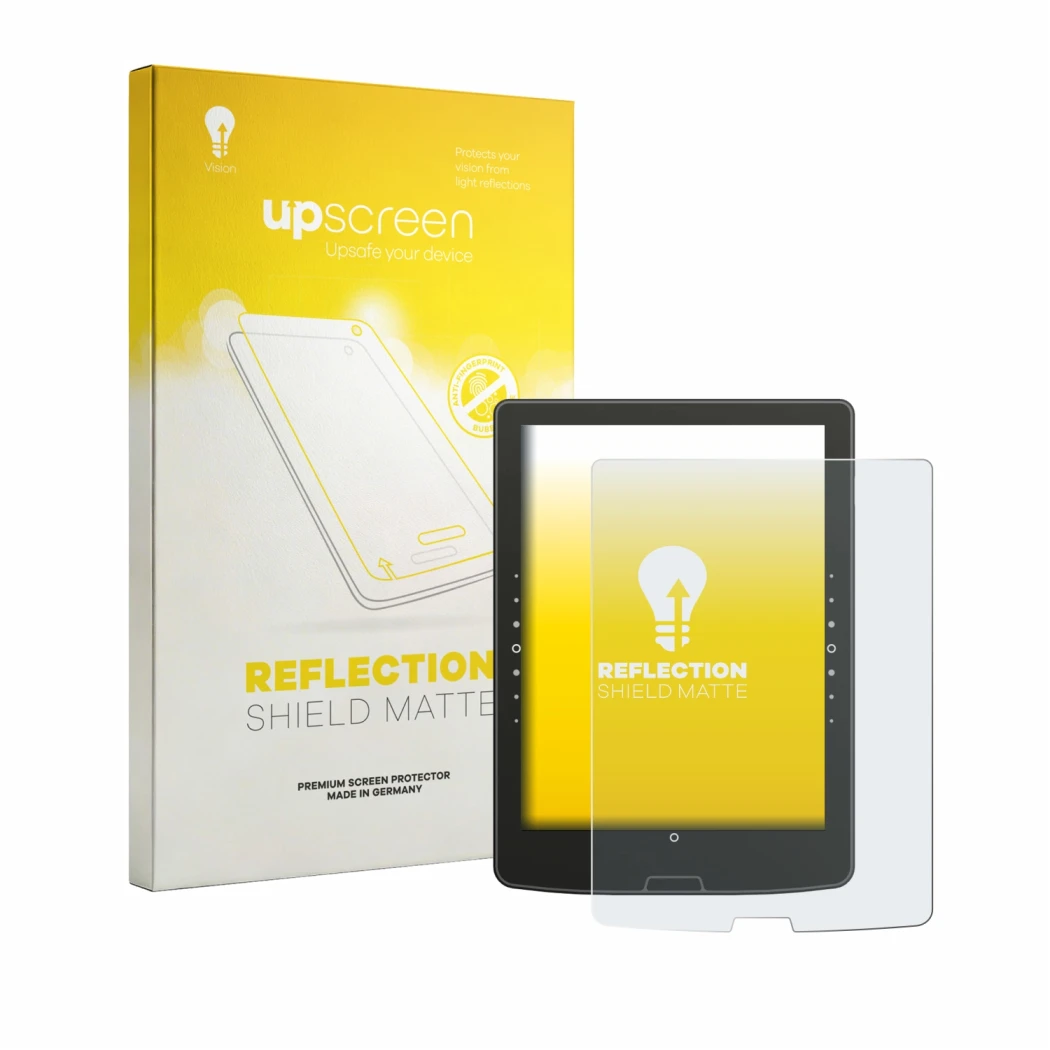 Parte frontal de un envase de producto con el logotipo de la marca upscreen. Al lado se muestra el dispositivo inkBOOK Solaris
