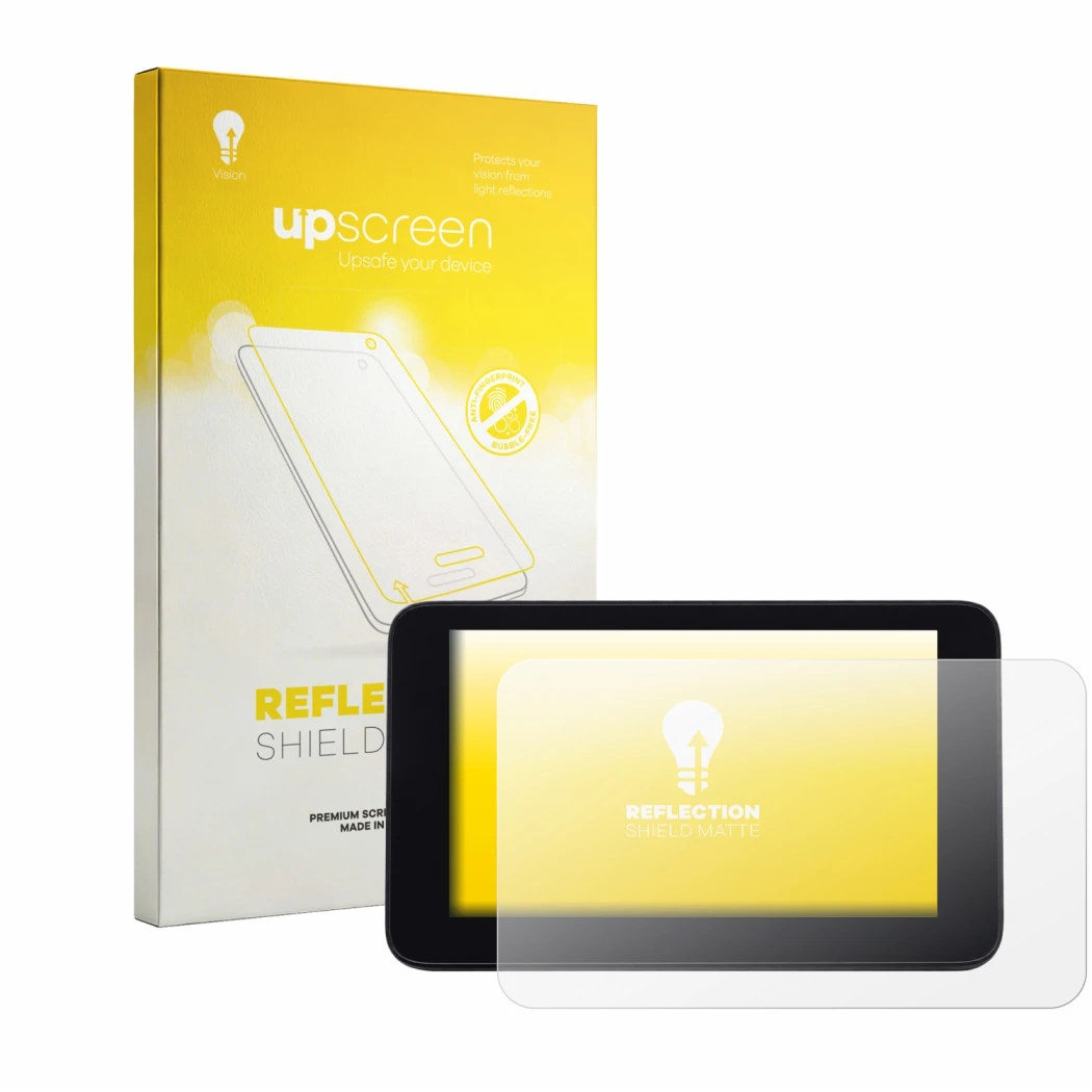 Parte frontal de un envase de producto con el logotipo de la marca upscreen. Al lado se muestra el dispositivo QJ Motor SRT 90