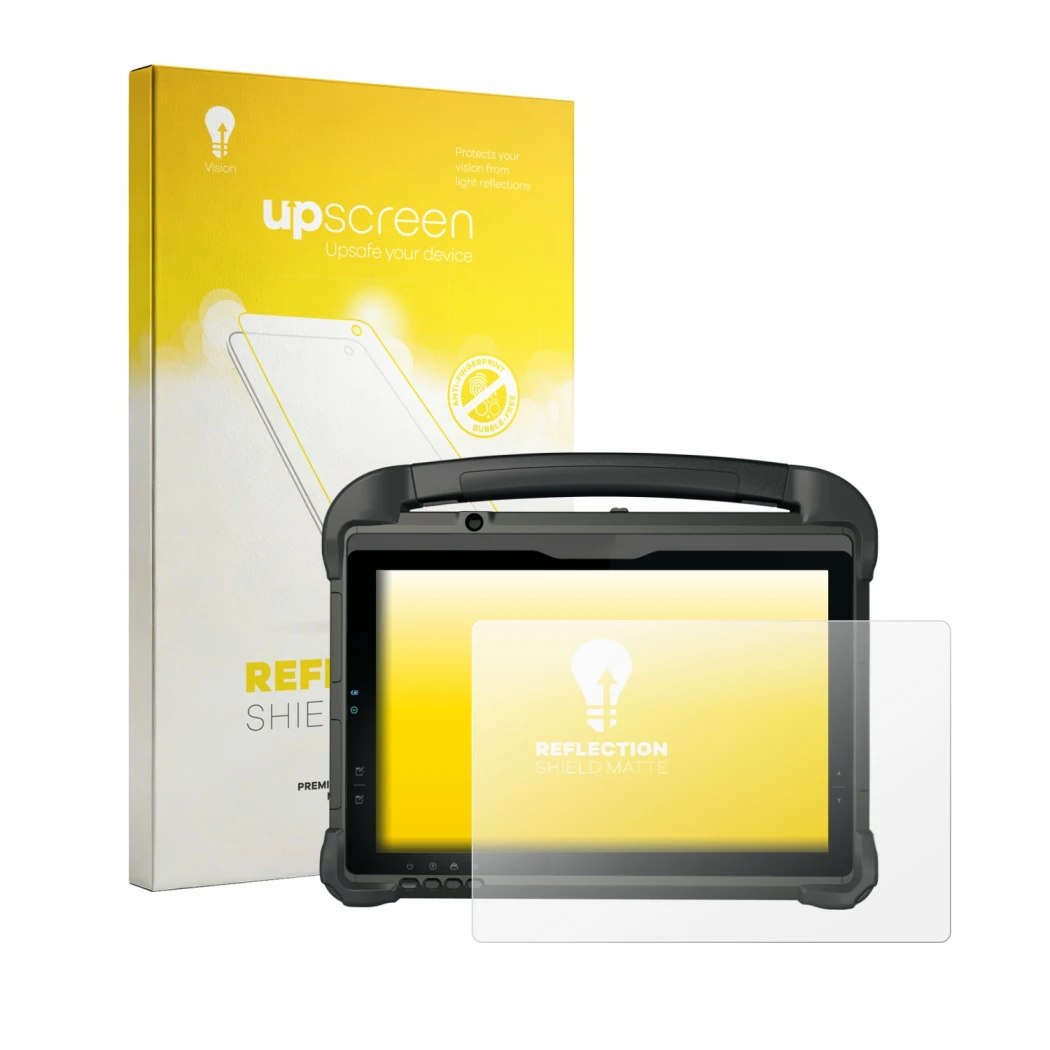 Parte frontal de un envase de producto con el logotipo de la marca upscreen. Al lado se muestra el dispositivo DT Research DT3