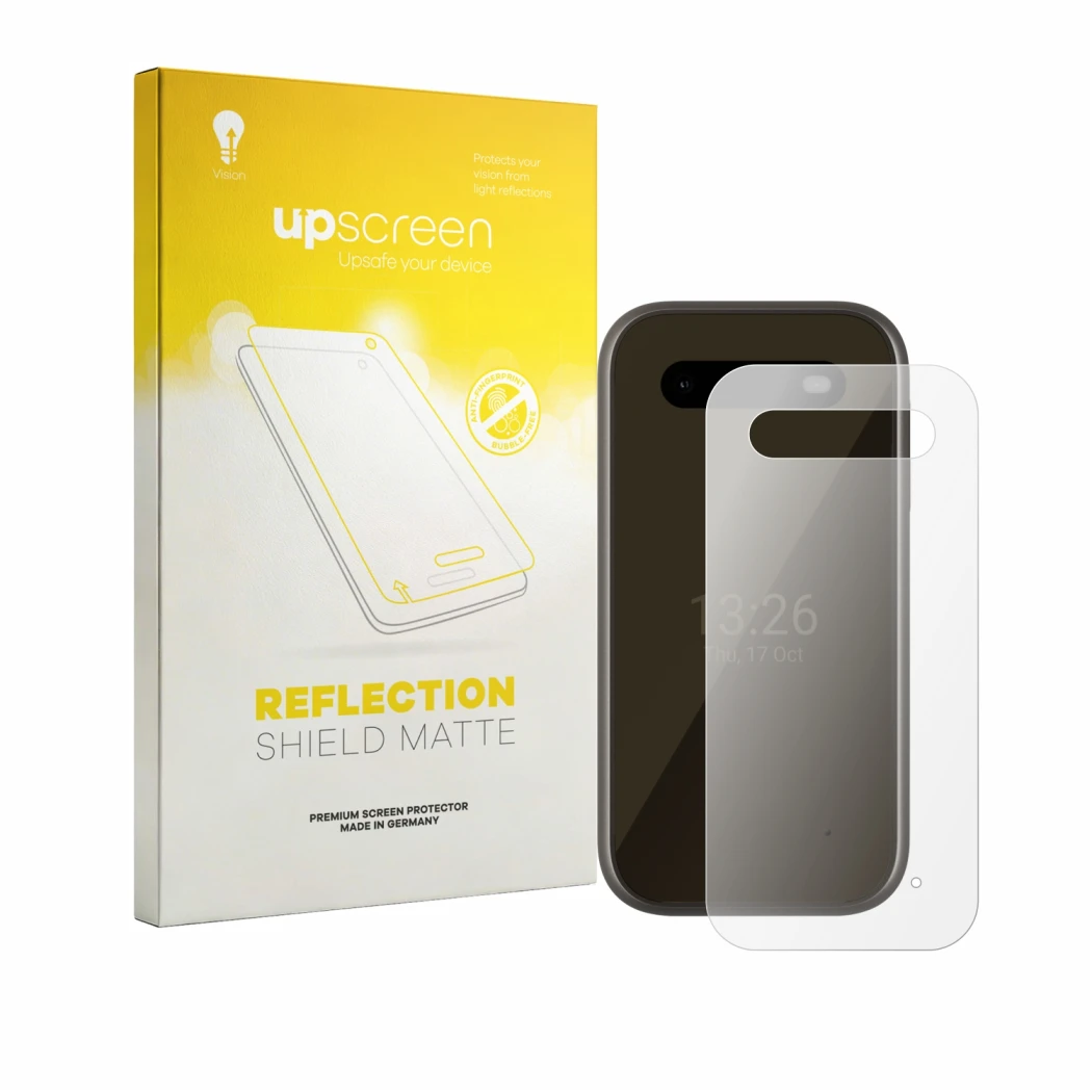 Parte frontal de un envase de producto con el logotipo de la marca upscreen. Al lado se muestra el dispositivo HMD 2660 Flip 4