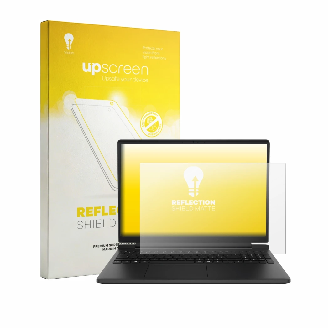Parte frontal de un envase de producto con el logotipo de la marca upscreen. Al lado se muestra el dispositivo Dell Alienware