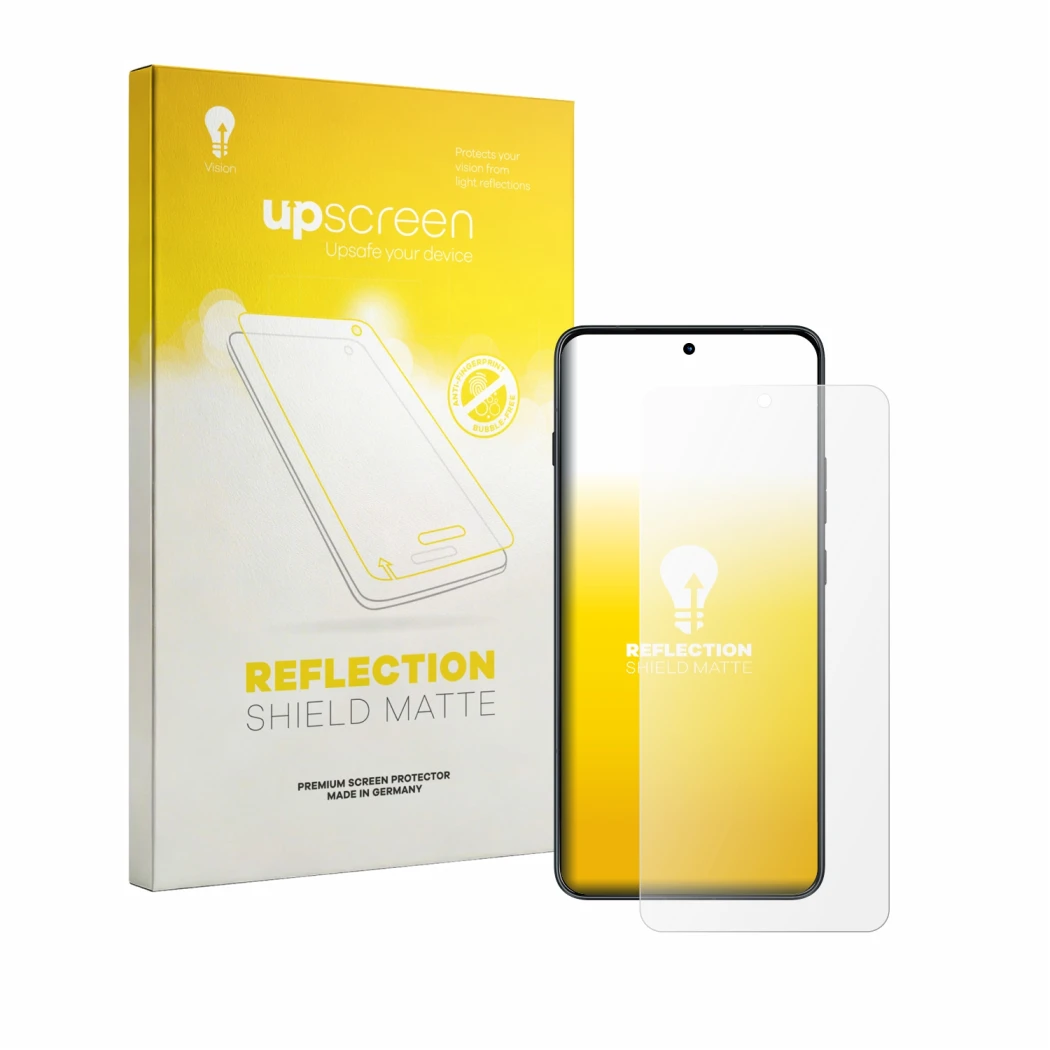 Parte frontal de un envase de producto con el logotipo de la marca upscreen. Al lado se muestra el dispositivo Motorola Edge 7