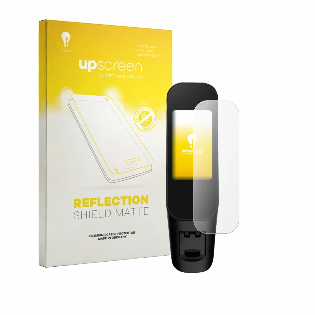 Parte frontal de un envase de producto con el logotipo de la marca upscreen. Al lado se muestra el dispositivo Xiaomi Electric