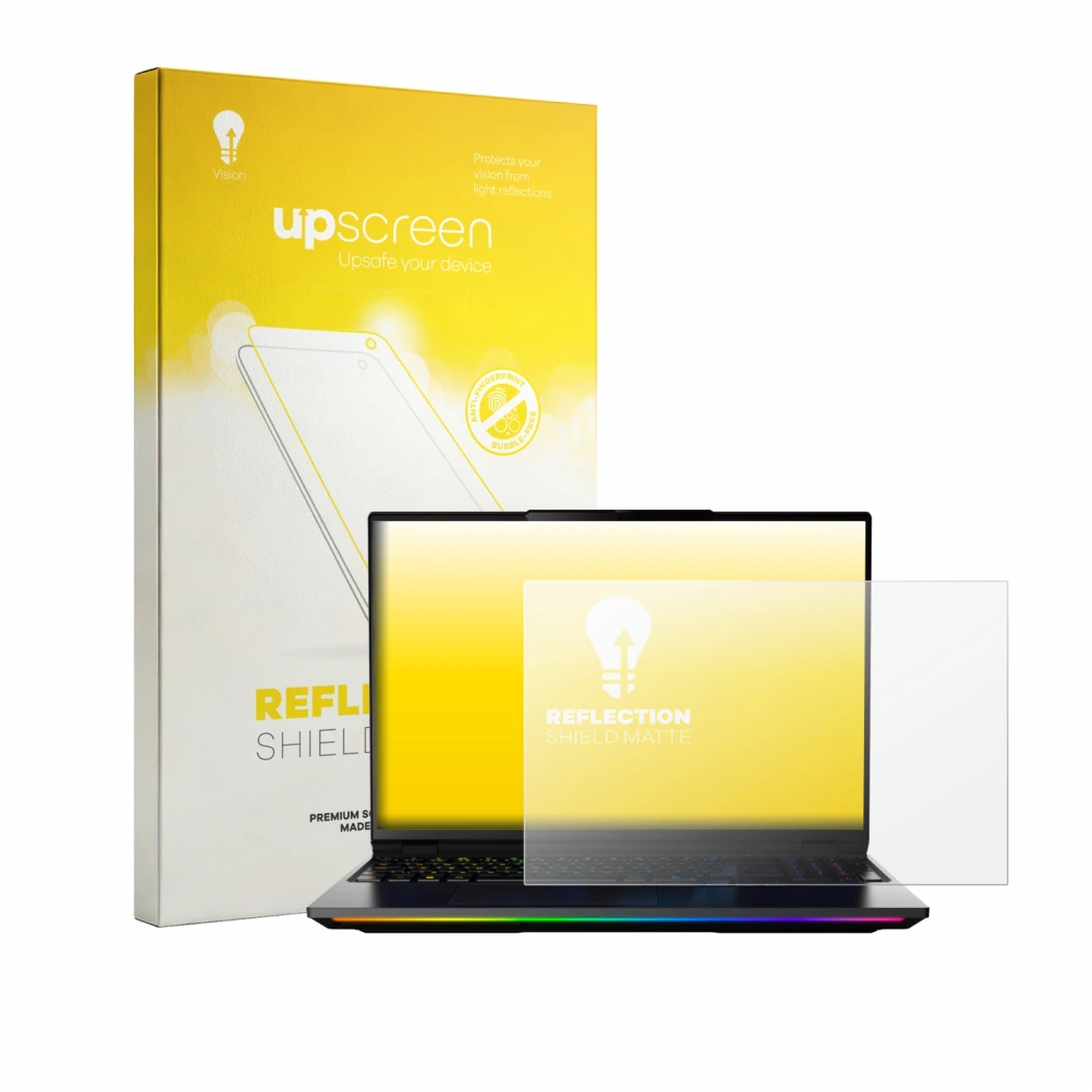 Parte frontal de un envase de producto con el logotipo de la marca upscreen. Al lado se muestra el dispositivo MEDION Erazer B