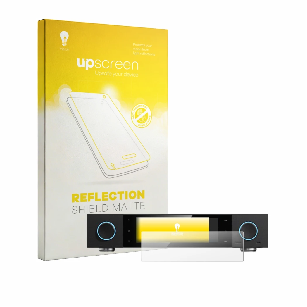 Parte frontal de un envase de producto con el logotipo de la marca upscreen. Al lado se muestra el dispositivo FiiO S15 con su