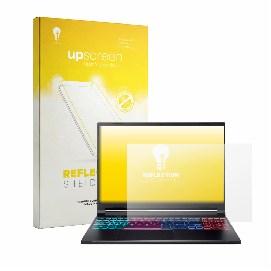 Parte frontal de un envase de producto con el logotipo de la marca upscreen. Al lado se muestra el dispositivo Acer Nitro V16S