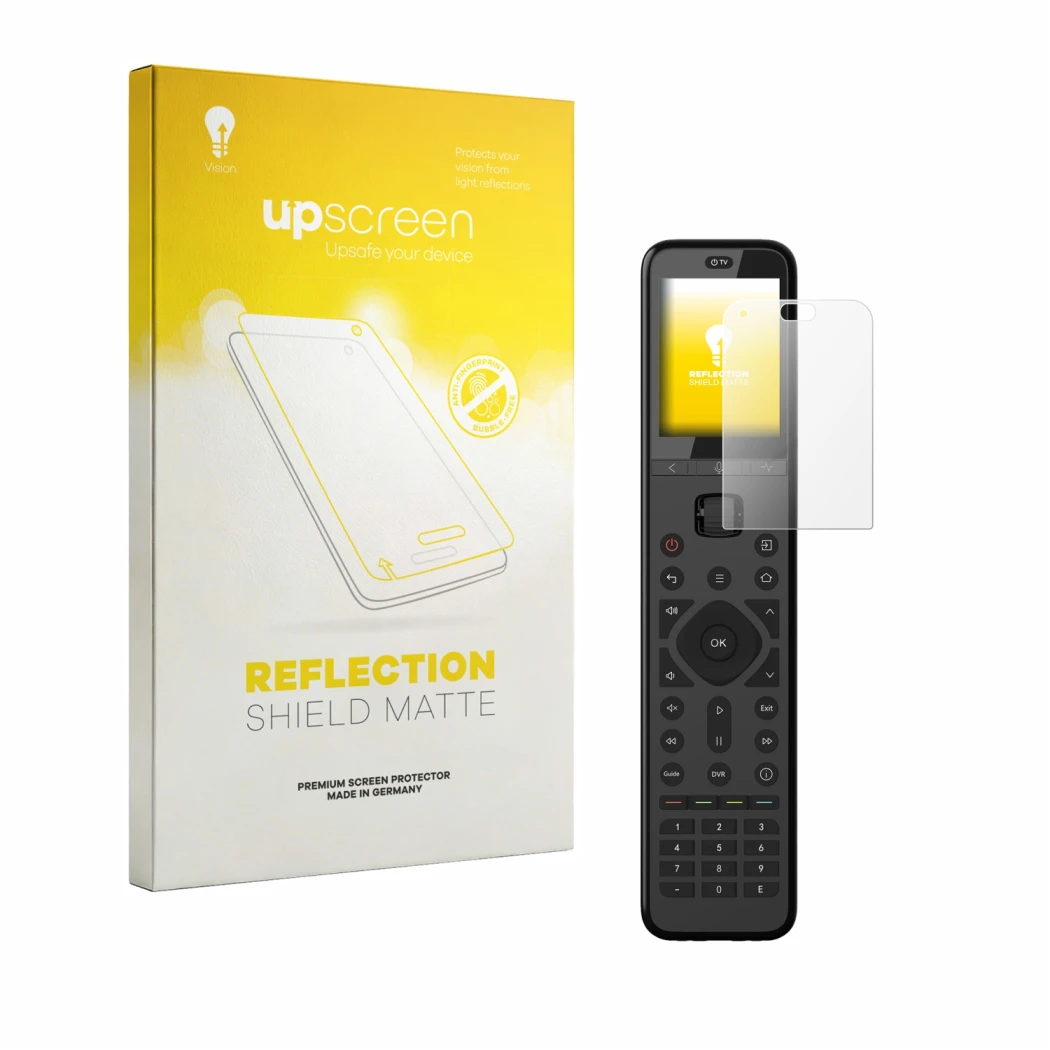 Parte frontal de un envase de producto con el logotipo de la marca upscreen. Al lado se muestra el dispositivo Sofabaton U3 co