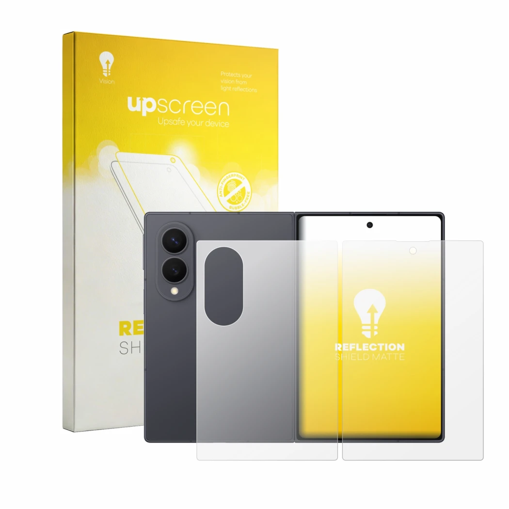 Parte frontal de un envase de producto con el logotipo de la marca upscreen. Al lado se muestra el dispositivo Samsung Galaxy
