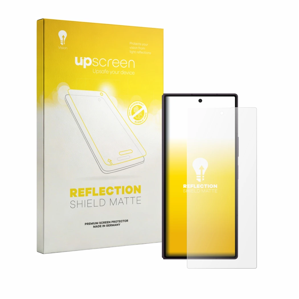 Parte frontal de un envase de producto con el logotipo de la marca upscreen. Al lado se muestra el dispositivo Samsung Galaxy