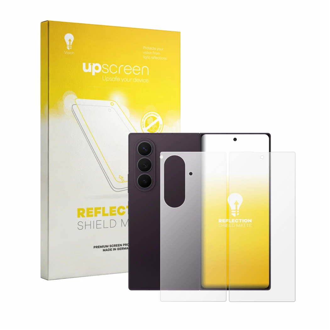 Parte frontal de un envase de producto con el logotipo de la marca upscreen. Al lado se muestra el dispositivo Samsung Galaxy