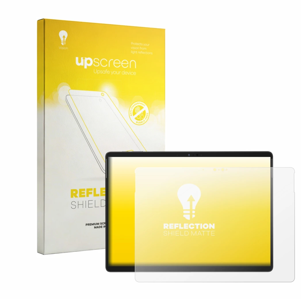 Parte frontal de un envase de producto con el logotipo de la marca upscreen. Al lado se muestra el dispositivo Chuwi Hi10 Max
