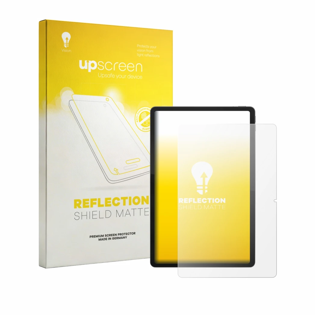 Parte frontal de un envase de producto con el logotipo de la marca upscreen. Al lado se muestra el dispositivo Lenovo Idea Tab