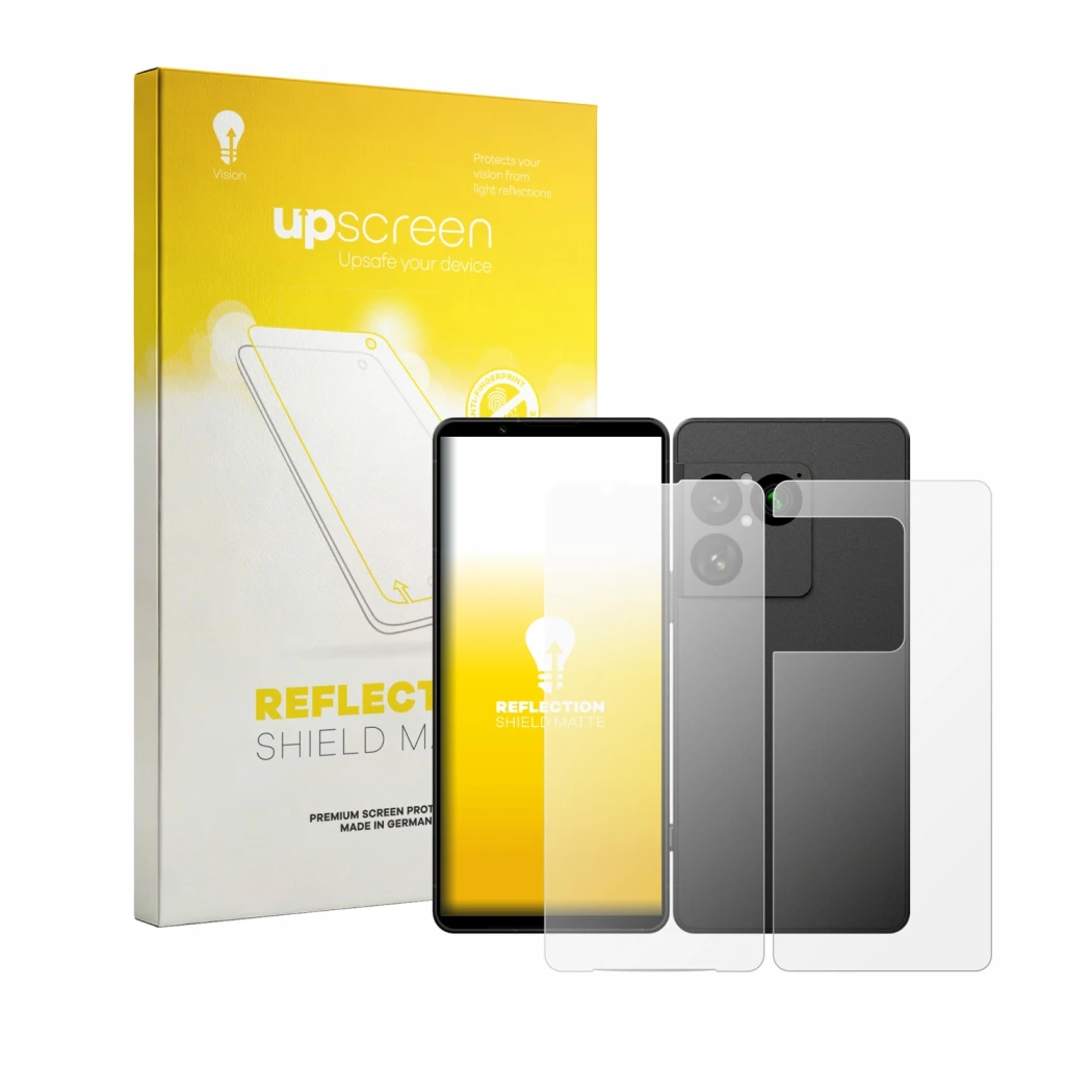 Parte frontal de un envase de producto con el logotipo de la marca upscreen. Al lado se muestra el dispositivo Sony Xperia 1 V