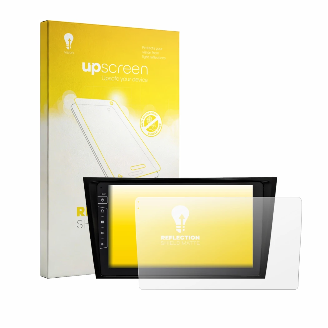 Parte frontal de un envase de producto con el logotipo de la marca upscreen. Al lado se muestra el dispositivo Dynavin D10-W21