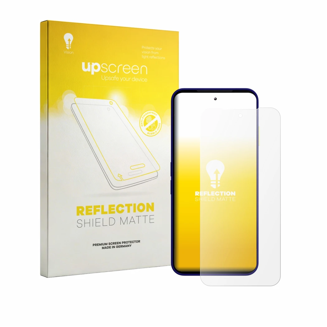 Parte frontal de un envase de producto con el logotipo de la marca upscreen. Al lado se muestra el dispositivo Fairphone 6 Plu
