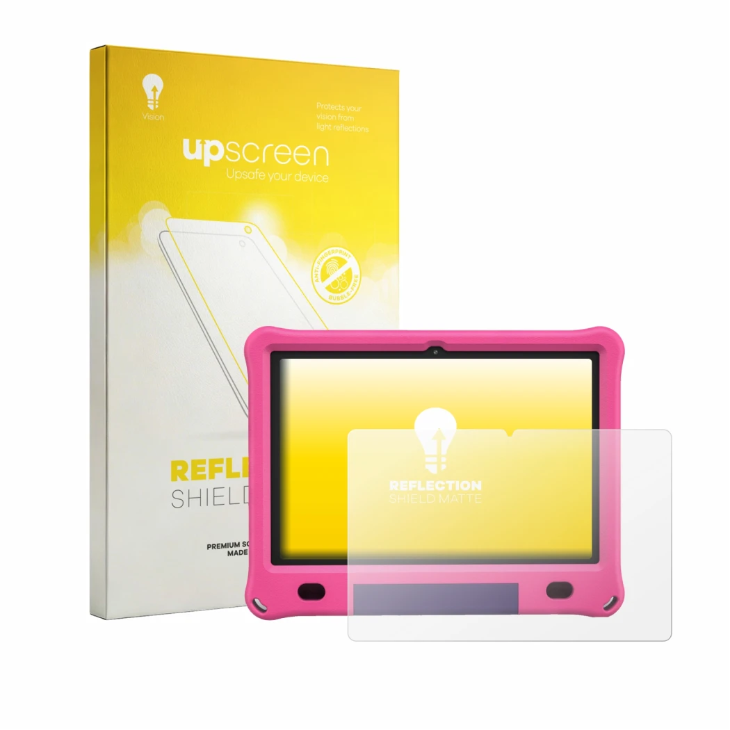 Parte frontal de un envase de producto con el logotipo de la marca upscreen. Al lado se muestra el dispositivo Vasoun TAB 10 M