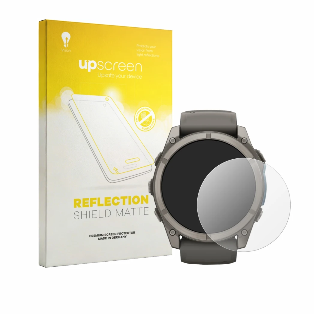 Parte frontal de un envase de producto con el logotipo de la marca upscreen. Al lado se muestra el dispositivo Garmin Fenix 9