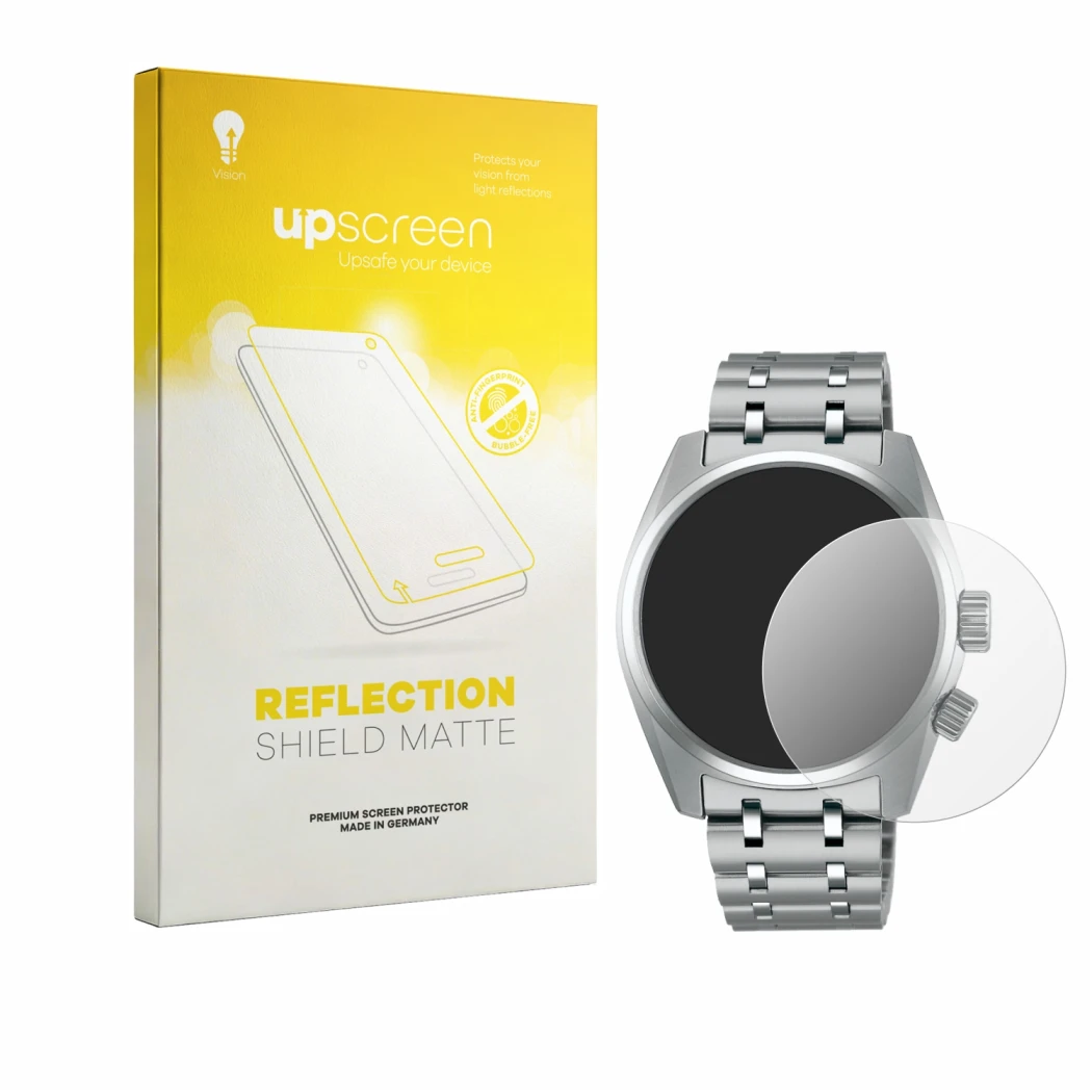 Parte frontal de un envase de producto con el logotipo de la marca upscreen. Al lado se muestra el dispositivo Seiko Prospex S