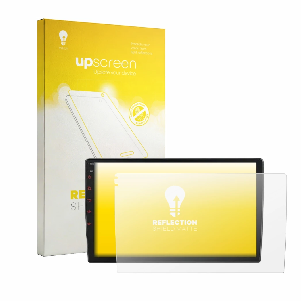 Parte frontal de un envase de producto con el logotipo de la marca upscreen. Al lado se muestra el dispositivo Junsun V1 Plus