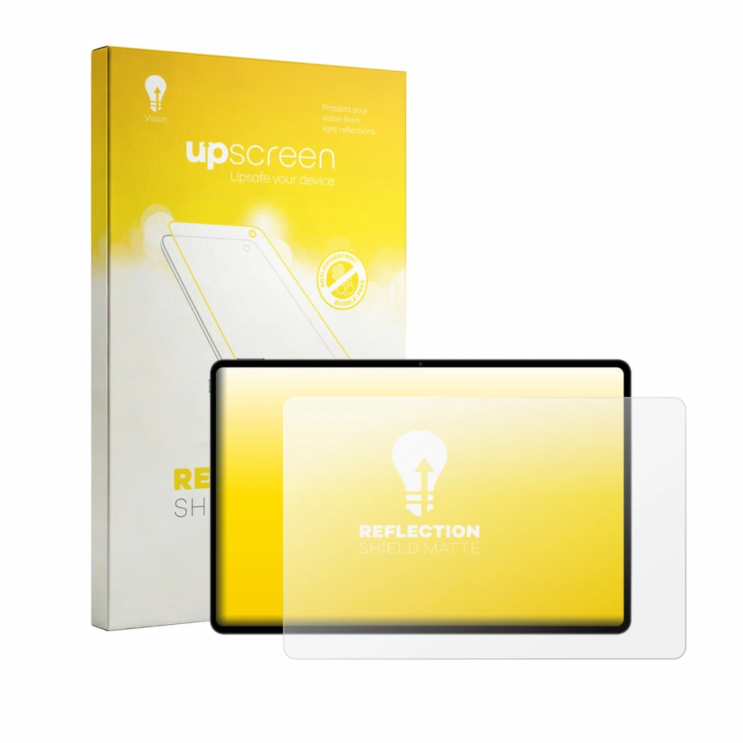 Parte frontal de un envase de producto con el logotipo de la marca upscreen. Al lado se muestra el dispositivo Teclast T70 Pro