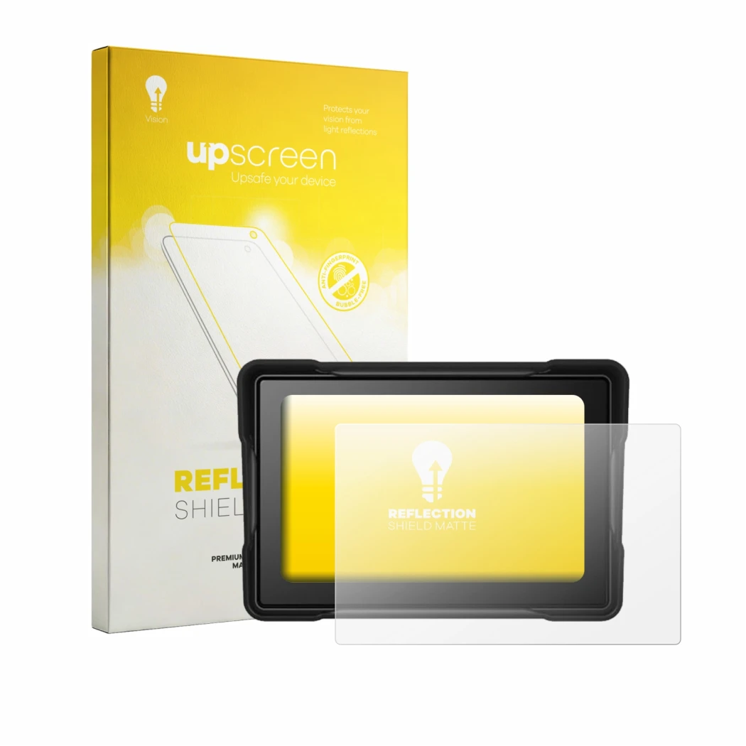Parte frontal de un envase de producto con el logotipo de la marca upscreen. Al lado se muestra el dispositivo SageFurned 5