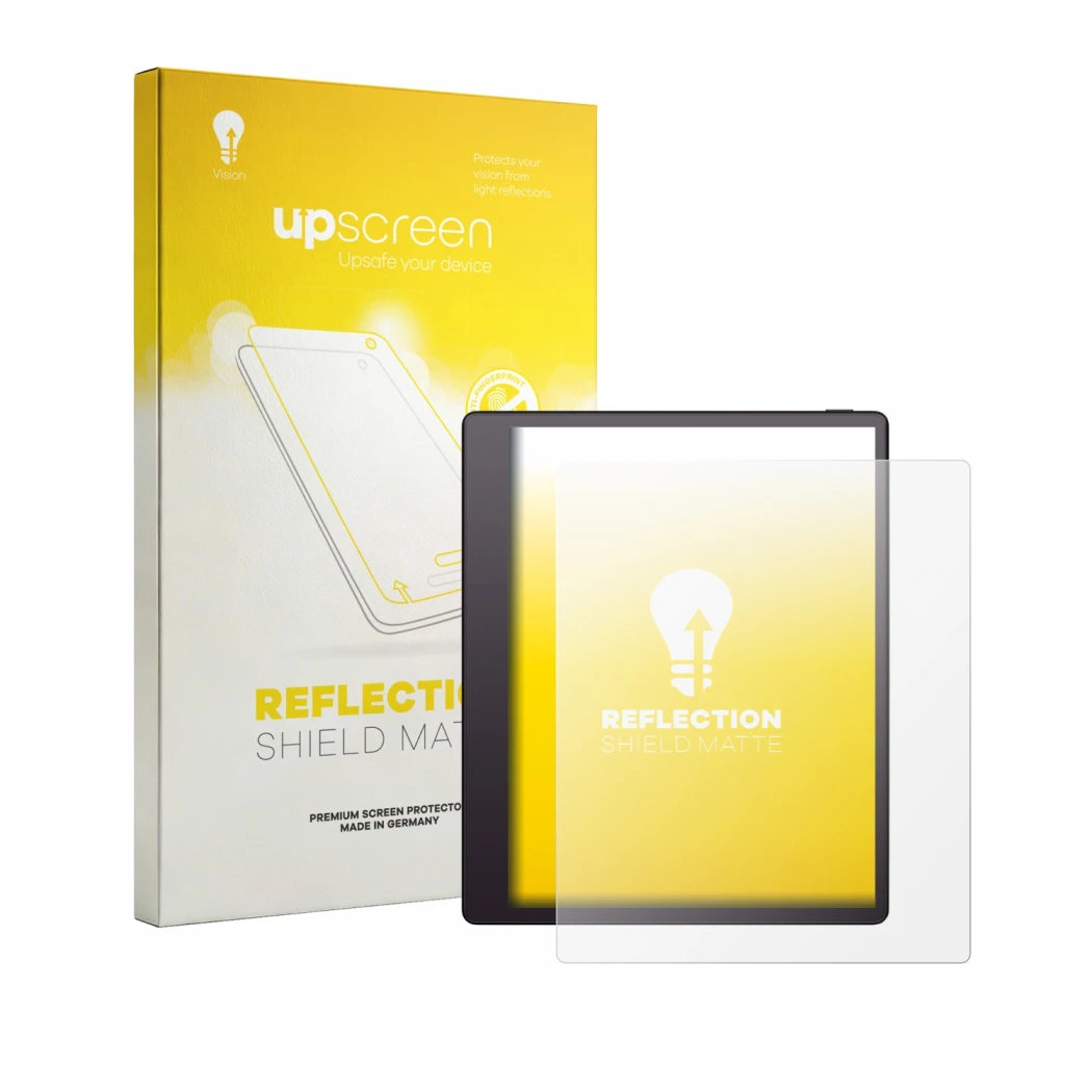 Parte frontal de un envase de producto con el logotipo de la marca upscreen. Al lado se muestra el dispositivo Boox Note Mini