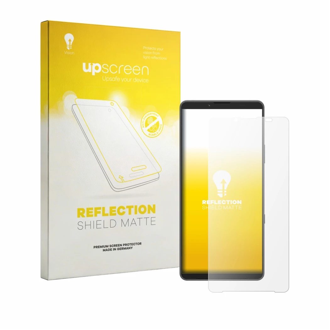 Parte frontal de un envase de producto con el logotipo de la marca upscreen. Al lado se muestra el dispositivo Sony Xperia 10