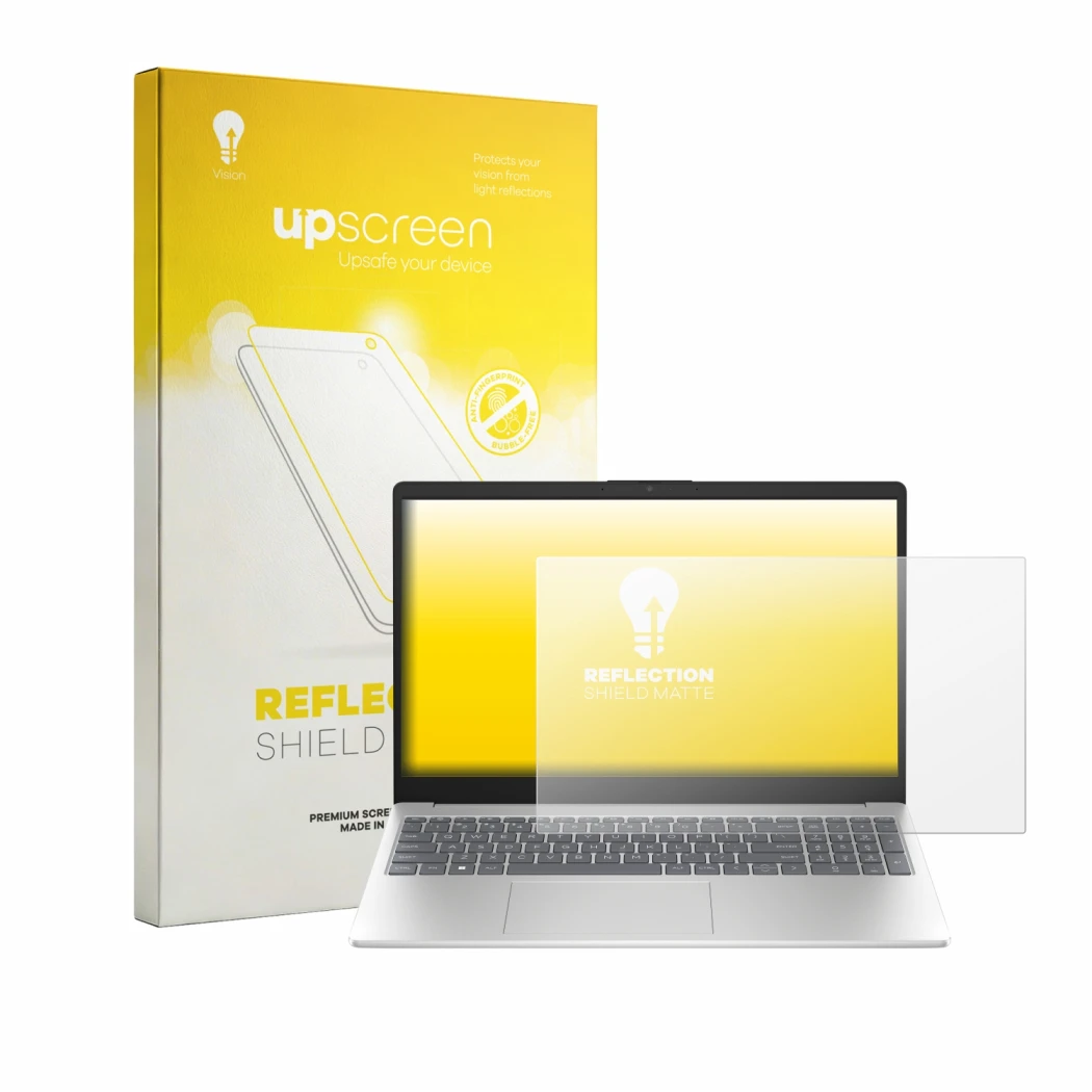 Parte frontal de un envase de producto con el logotipo de la marca upscreen. Al lado se muestra el dispositivo HP 15-fd1750ngx