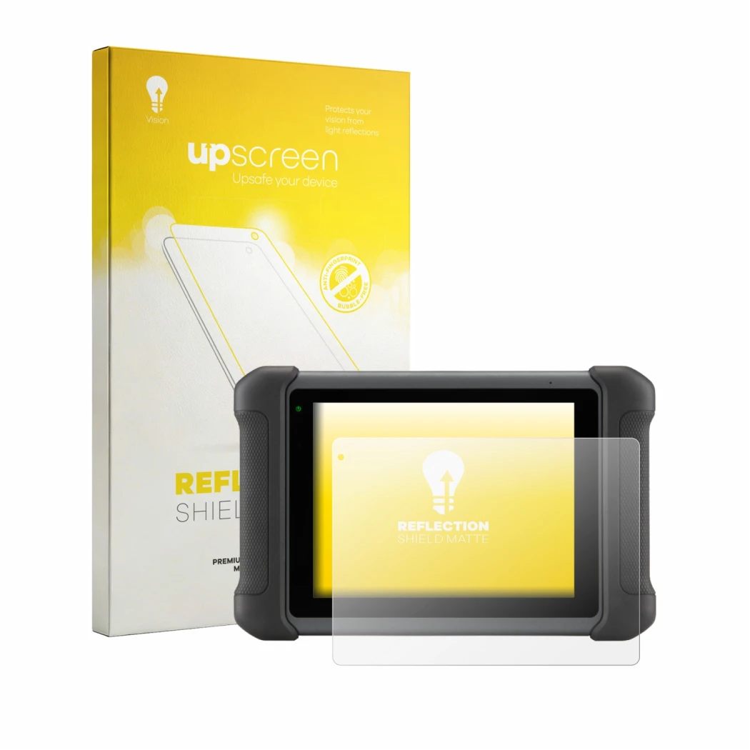 Parte frontal de un envase de producto con el logotipo de la marca upscreen. Al lado se muestra el dispositivo Autel MaxiSys M