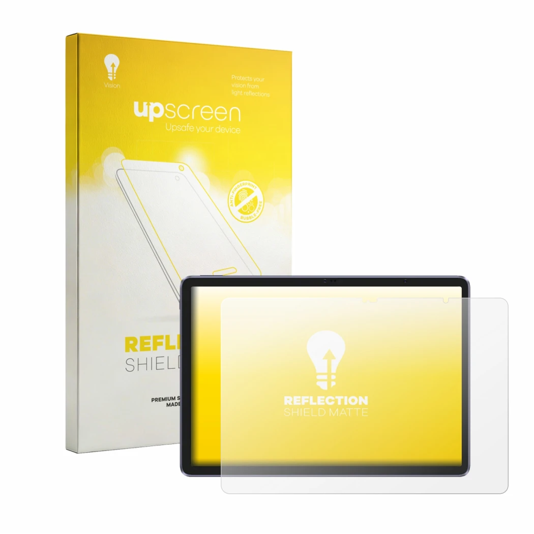 Parte frontal de un envase de producto con el logotipo de la marca upscreen. Al lado se muestra el dispositivo XP-Pen Magic Dr