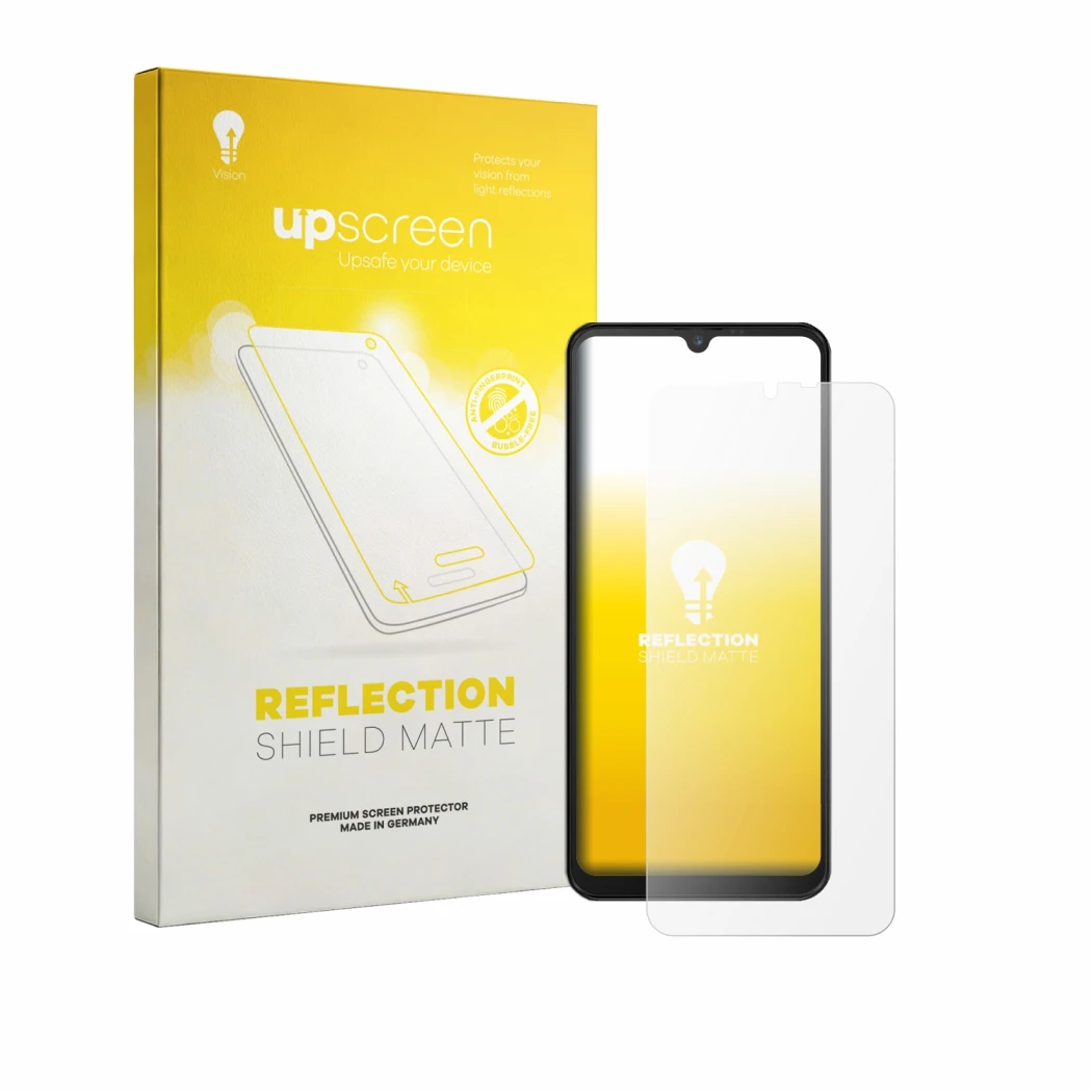 Parte frontal de un envase de producto con el logotipo de la marca upscreen. Al lado se muestra el dispositivo Invens Note 15P