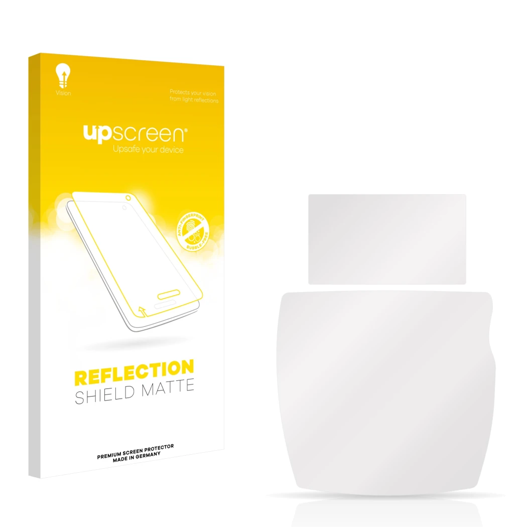 Parte frontal de un envase de producto con el logotipo de la marca upscreen. Al lado está el protector de pantalla correspondi