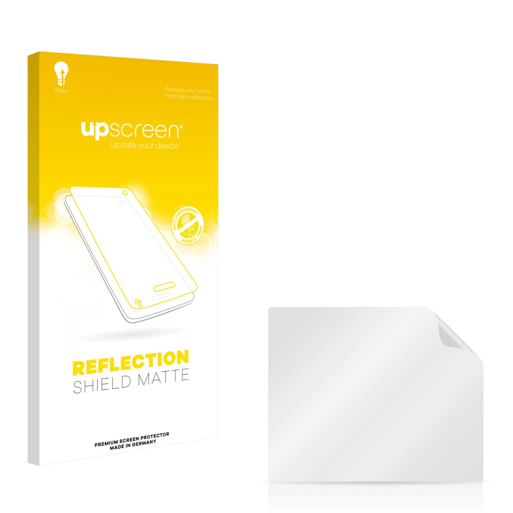 Parte frontal de un envase de producto con el logotipo de la marca upscreen. Al lado está el protector de pantalla correspondi