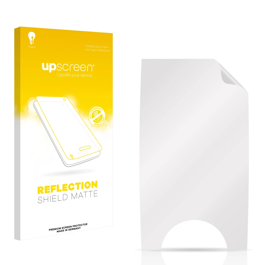 Parte frontal de un envase de producto con el logotipo de la marca upscreen. Al lado está el protector de pantalla correspondi