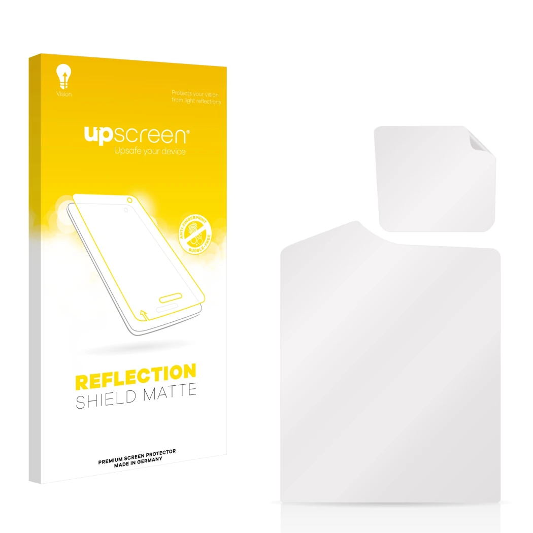 Parte frontal de un envase de producto con el logotipo de la marca upscreen. Al lado está el protector de pantalla correspondi