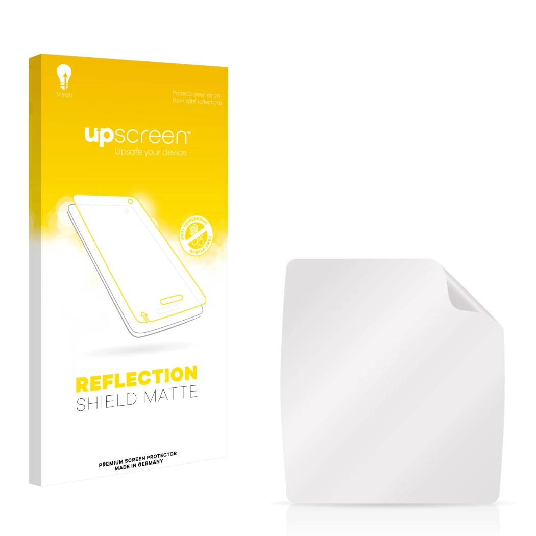 Parte frontal de un envase de producto con el logotipo de la marca upscreen. Al lado está el protector de pantalla correspondi