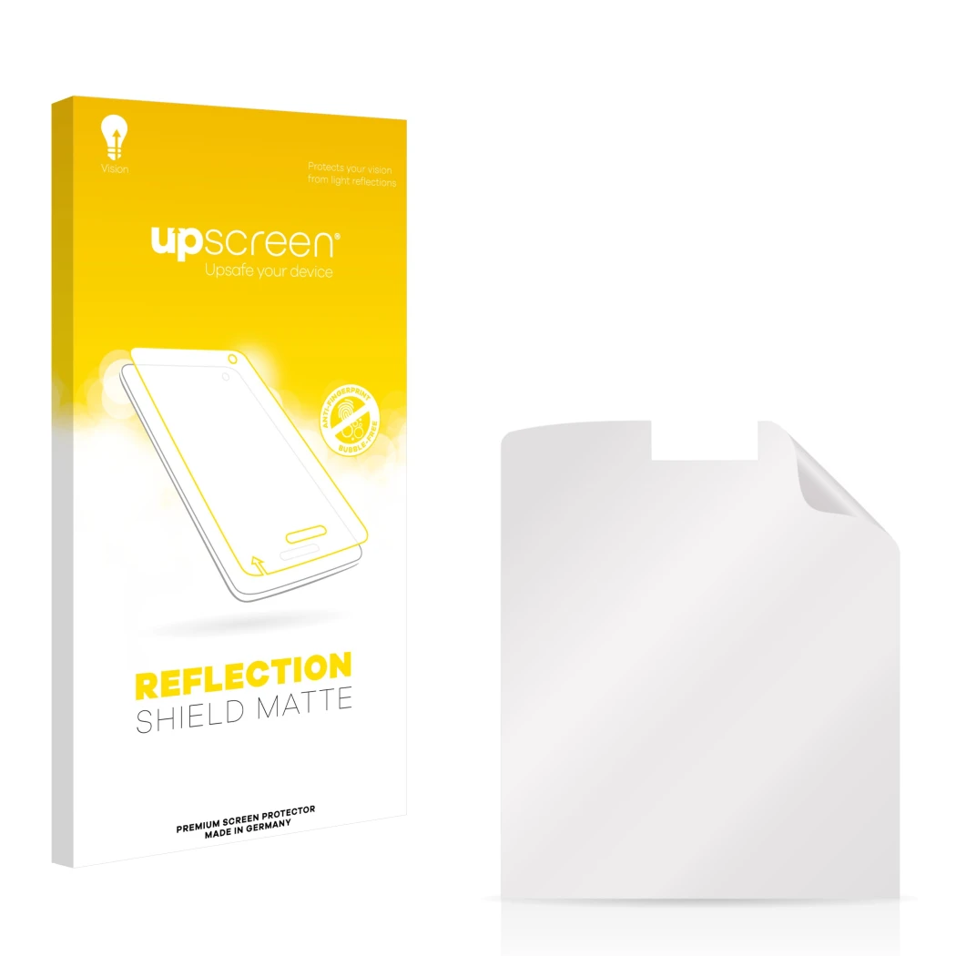 Parte frontal de un envase de producto con el logotipo de la marca upscreen. Al lado está el protector de pantalla correspondi